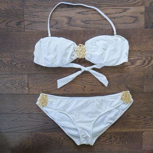 White 2 piece bikini Gold Metal Detail